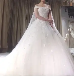 Off Spalla Del Fiore di Tulle Americano Abito Da Sposa Con Capo