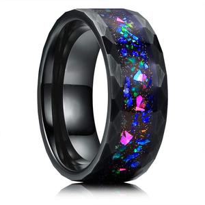8mm Faceted Silver and Black Tungsten Carbide <strong>Opal</strong> Wedding <strong>Ring</strong> for <strong>Men</strong> - Product Image 1