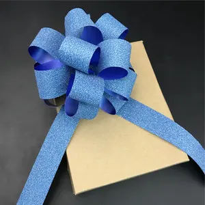 Toptan yüksek kaliteli Noel hediye ambalaj mavi renk pp glitter şerit çiçek çekme yay