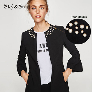 Mujeres negro Slim trajes perla detalles manga larga mujeres abrigo - Product Image 1