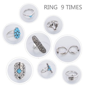 SR-27 Vintage Boho Bijoux 9 pièces Flèche Triangle Géométrique <span class=keywords><strong>Camée</strong></span> Turquoise Ensemble de Bague En Alliage - Product Image 2