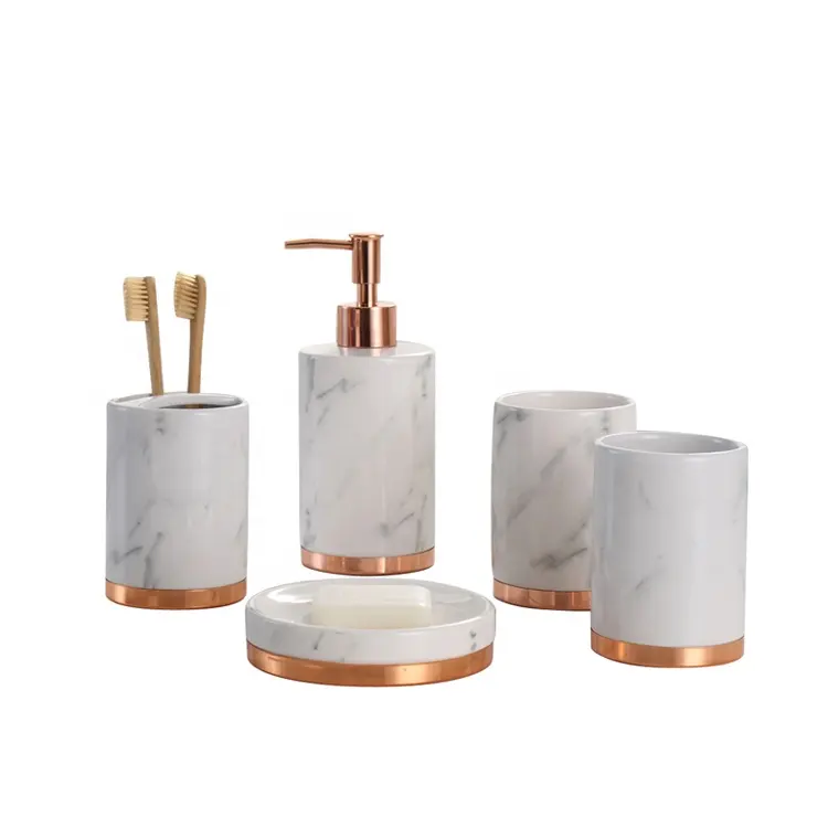 YST Ceramics Luxury 5pcs Marble Effect Bathroom Accessory Set European Rose Gold Metal Soap Dispenser Holder Rose Gold Base