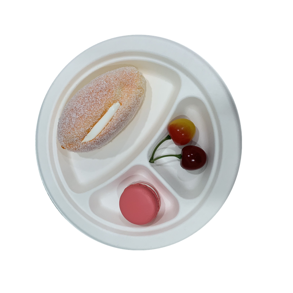 Compostables 9 pulgadas vajilla biodegradable de caña de azúcar de los niños bandeja de comida de bagazo 3 compartimiento dividido plato de papel