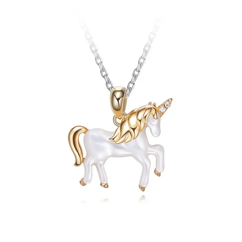 2018 Diskon Besar Liontin Unicorn Lapisan Emas Perhiasan Anak Kalung Enamel Putih