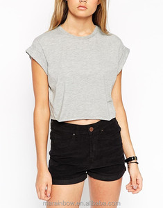 Venta al <span class=keywords><strong>por</strong></span> mayor, camiseta gris 100% algodón para mujer, Top corto de manga corta, camiseta recortada de manga Lisa enrollada - Product Image 3