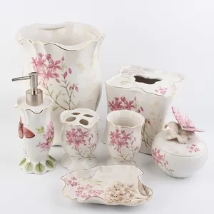 Chinese Style Pink Flower Bathroom Set Accessories