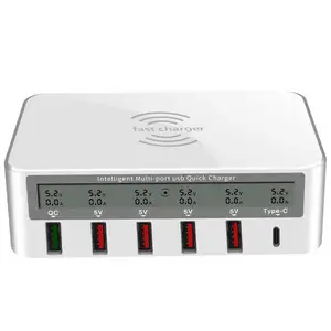 Charger USB cepat 6 Port, Charger USB cerdas 6-Port, stasiun pengisian cepat QC 3.0 dengan fungsi elektrik, Charger nirkabel tipe-c PD Port Qi