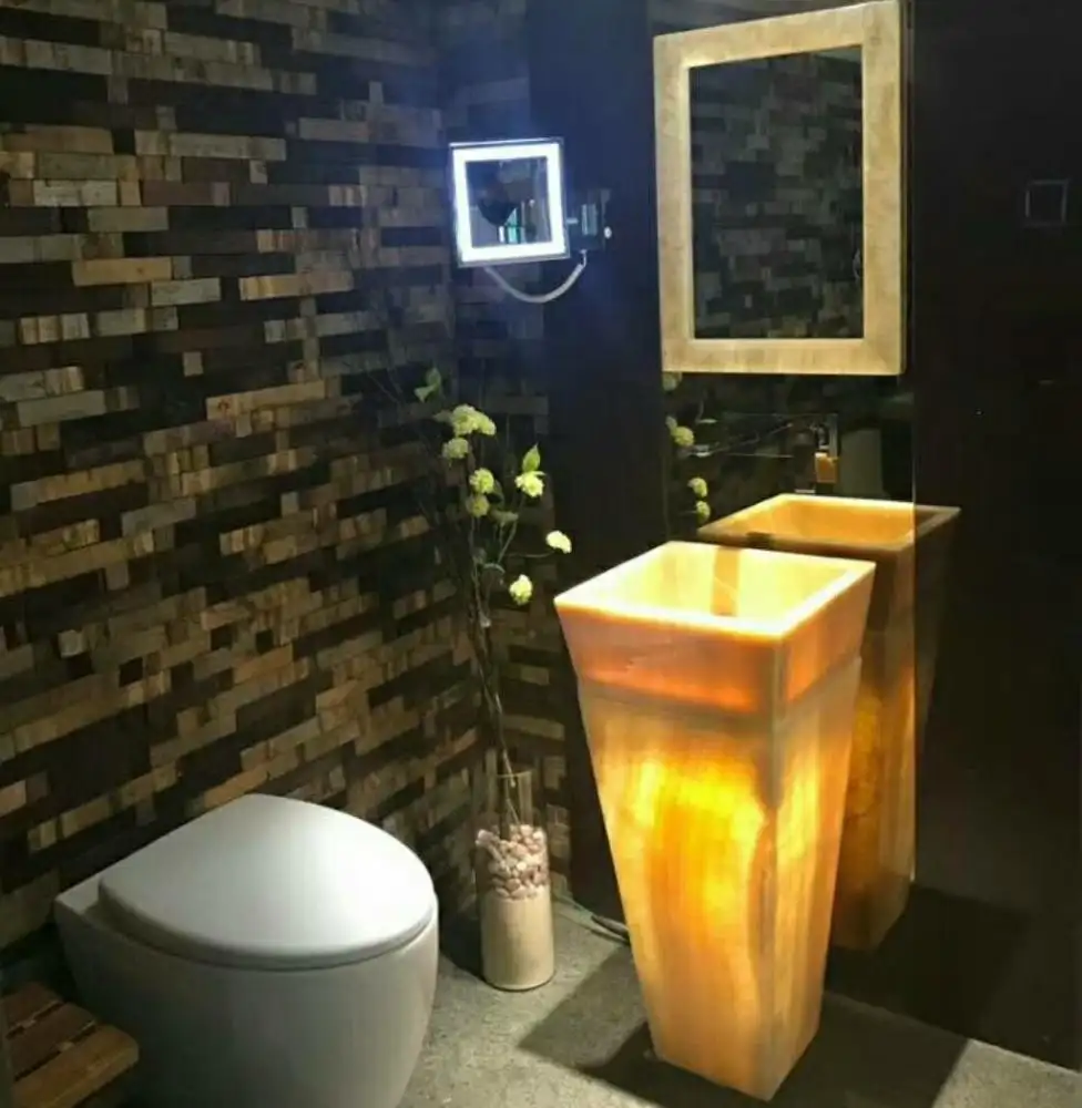 Hotel antique onyx wash basin stand bathroom pedestal basin with LED light hand wash basin with pedestal