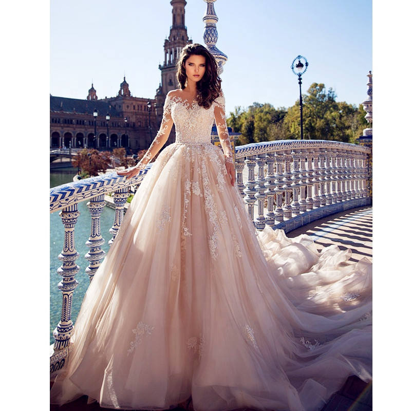 Vestido de novia de encaje de tul champán, con apliques, cuello redondo, Vintage