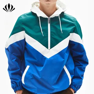 Mens lightweight color block half zip anorak jacket chevron cut polyester hooded jacket