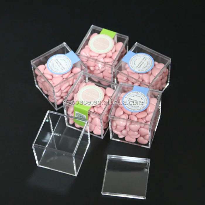 Cubo claro en forma de caja con tapa con bisagras y etiqueta personalizada de cristal de acrílico claro caja de Favor