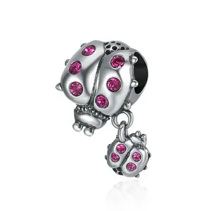 Qings Rot CZ 925 Sterling Silber Charms Mutter und Tochter Marienkäfer Charme Perlen fit Schlange Kette Armbänder