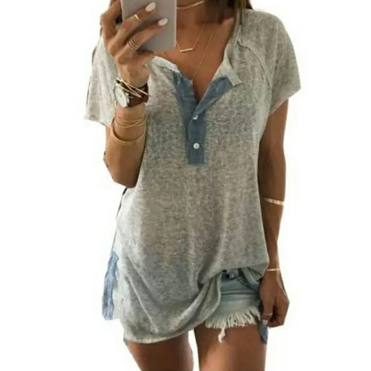Yazlık T-Shirt artı boyutu kadın T-shirt O boyun kısa kollu düğme uzun t-shirt rahat üst kadın tunik Y11201
