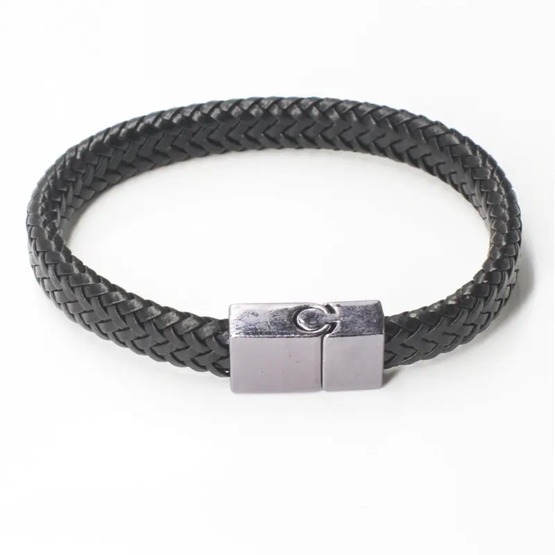 Men's Genuine Leather Bracelet Classic Style Titanium Clasp with Silver Magnets Bracelet
