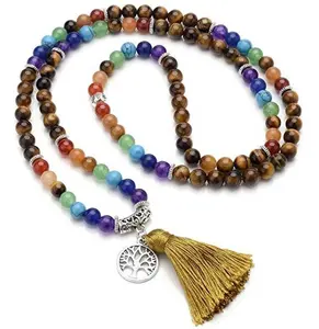 Gelang/Kalung Alami 6Mm Mata Harimau 7 Manik Doa Chakra Mala 108 Meditasi Penyembuhan Gelang/Kalung dengan Pohon Kehidupan Jimat Rumbai