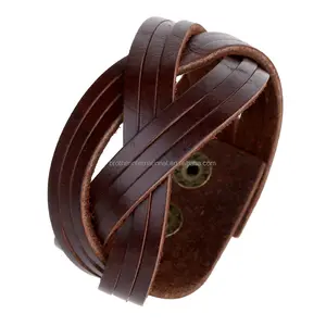 Vintage woven real cow leather cuff wristband handmade cowhide bangle brown braided genuine leather bracelet