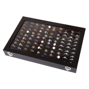Boîtes de rangement pour bagues avec couvercle en verre transparent noir, 100 emplacements - Product Image 1