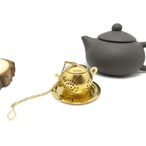 Hete Verkoop Gouden Rose Gouden Kleur 304 Roestvrijstalen Theepot Vorm Thee-Infuser Filter Met Lange Ketting En Plaat