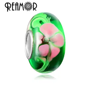 REAMOR Pan Tarzı Yeşil Murano cam nazarlık Lampwork Pembe Çiçek Avrupa Büyük Delik Boncuk Takı Yapımı Için