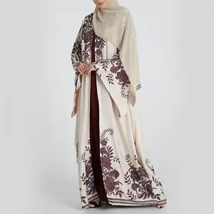 Online Shop Abaya Dubai Open Front Long Wide Sleeves Pop Up Buttons Islamic Flower Details Muslim