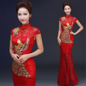 Moda damas chinas elegante fiesta de noche lentejuelas bordado Pavo Real cola de pez boda encaje Cheongsam Qipao vestido - Product Image 3