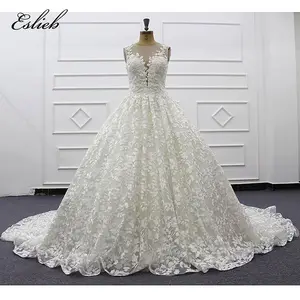 New arrival bride sleeveless Slim thin simple luxury long trailing ball gown beaded appliques flowers white lace wedding dress