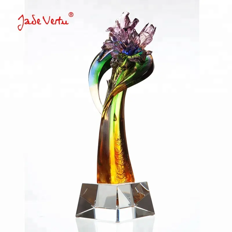 Crystal trophy awards badminton per eventi sportivi elegante flower pate de verre art glass trophy trofeo a forma di fiore