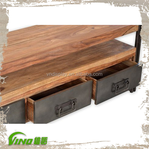 Rustic Wooden <b>Display</b> Rack Tier <b>Table</b>,Vintage Industrial Metal Frame Tv Stand,Handmade Portable Bookshelf <b>Display</b> with Drawer - Product Image 3