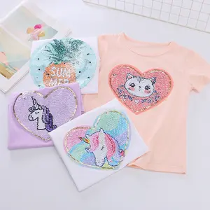 CT-001 2019 Mode Einhorn Print Pailletten T-Shirts Kurzarm Strick hemden für Kinder Mädchen Boutique Magic Top