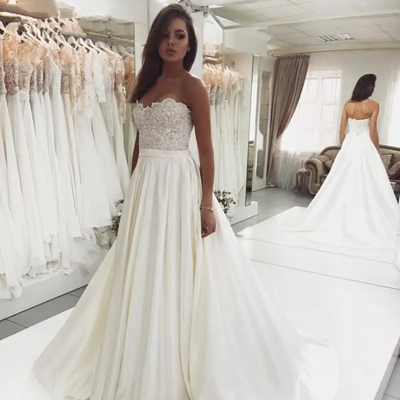 FA101 Vestido De Noiva Elegant Sweetheart Backless ลูกไม้ชุดแต่งงาน Satin Ivory Wedding Gowns ชุดเจ้าสาว2022