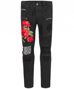 Royal wolf denim garment factory ripped black rose mens denim embroidered jeans men biker jeans