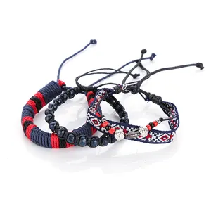 Fancy design Chinese blue beads nylon rope braided bracelet red traditional lucky 3 pcs leather bracelet women