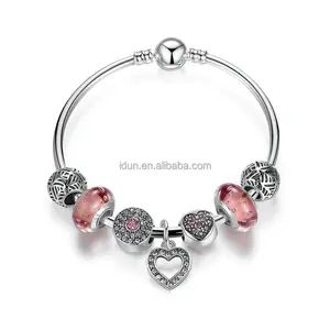 925 Sterling Silver Plated Crystal Rhinestone Micro Paved Heart Charm Bracelet Murano Glass Beaded European Charm Bracelet