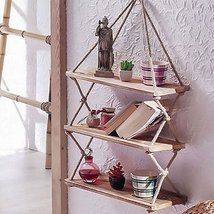 Estante de <span class=keywords><strong>Pared</strong></span> de <span class=keywords><strong>Madera</strong></span> Maciza, Estante Colgante de Cuerda, Decoración, Estantes Flotantes de <span class=keywords><strong>Pared</strong></span> - Product Image 4