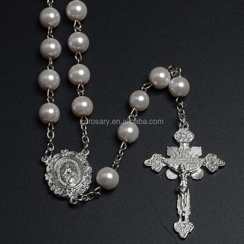 Catholic Rosaries 8mm Pearl Glass Rosary Church Gifts Cross Necklace Catholic Necklace