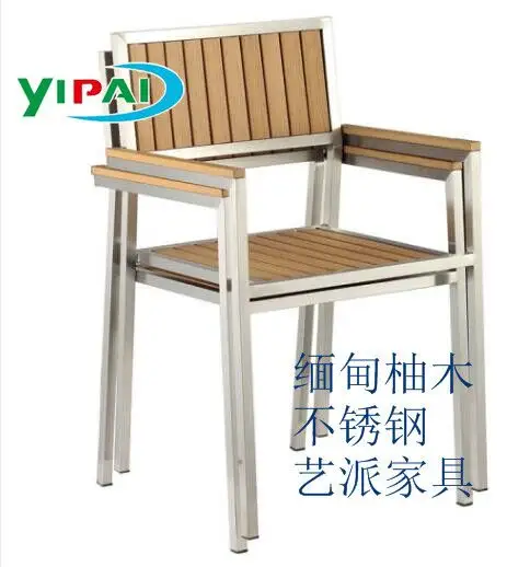 Besi Tahan Karat dengan Kursi Kayu Jati dan Meja, Set Furnitur Luar Ruangan Taman Bahan Baja Tahan Karat