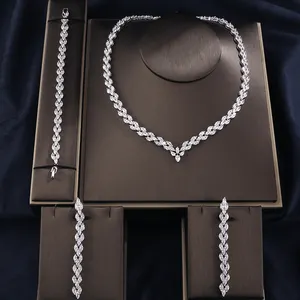 RAKOL SP253 Simple Style CZ Long Wheat Leaf Earring Necklace Bracelet zircon wedding bridal jewelry Set