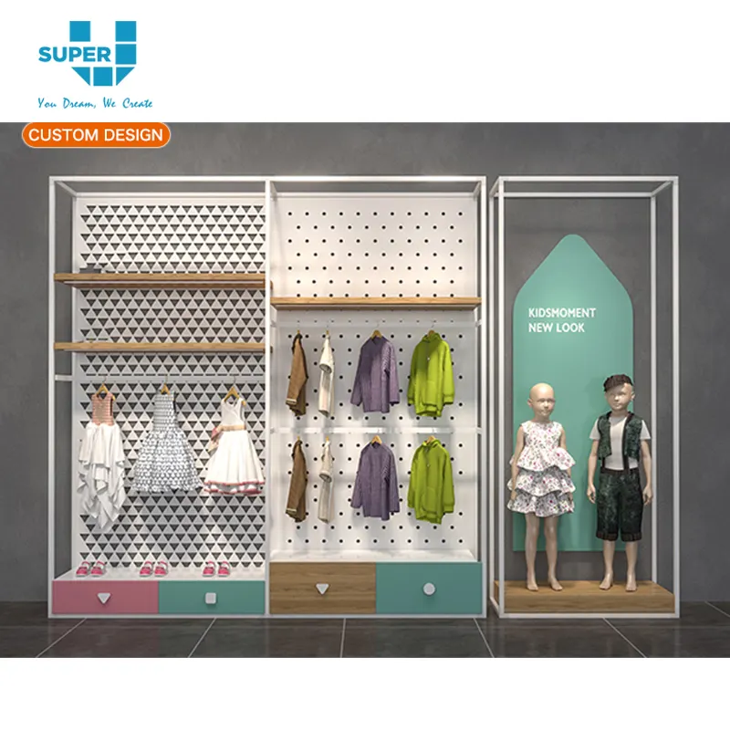 Baby Store Design Fashion Baby Kids Clothing Rack Display Showroom Store Design Custom Pegboard Wall Shelves For Children Garment