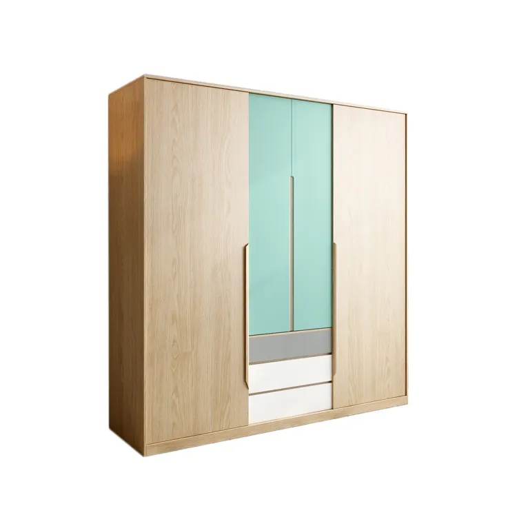 Sliding door modern luxury wood wardrobe with melamine 3 drawers large storage green door two color wardrobe