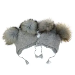 Janefur Dễ Thương Bán Buôn Trẻ Em Bé Dệt Kim Angora Hat Kid Knit Lông Thật Pom Pom Bóng Beanie Bé Hat Mùa Đông Lông Trẻ Em Hat