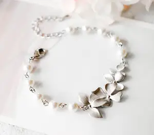 Freshwater Pearl Flower Bracelet Silver Orchid Floral Pearl Bracelet Good Quality