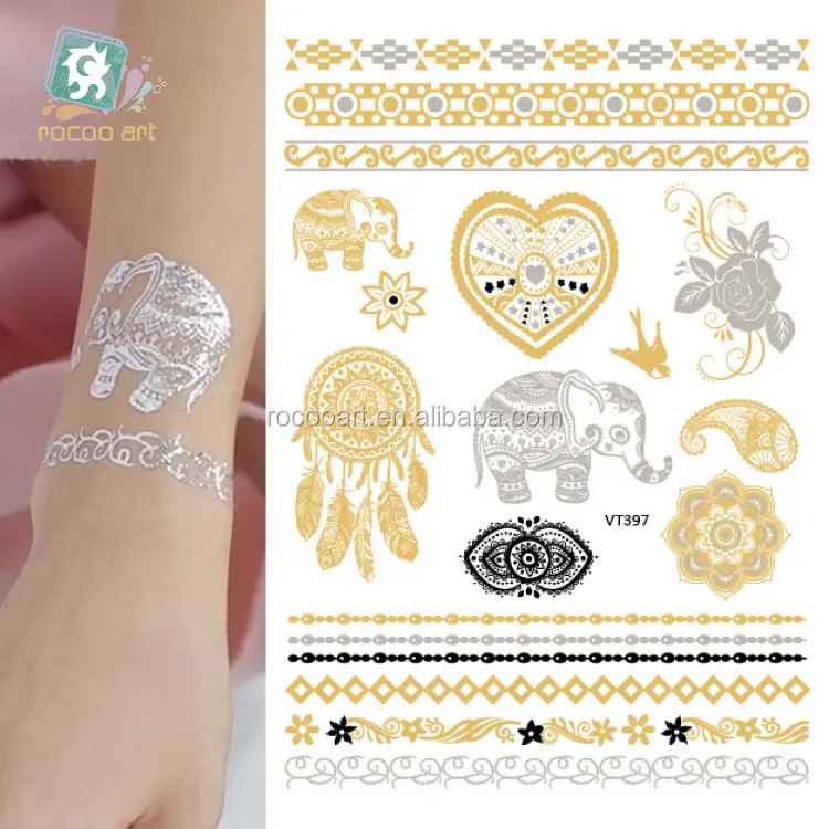 VT397/Nieuwste India Henna Metallic Tattoos Goud Zilver Body Tijdelijke Flash Mandala Bloem Olifant Dreamcatcher Tattoo Ontwerpen