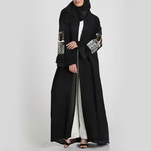 Moden Fashion Lady Muslim Black Dress Open Front Embroidery Cardigan Abaya