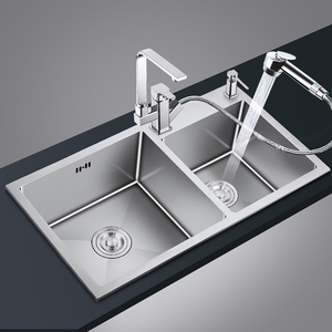 Sanitaires lavabo double bol en acier inoxydable à la main cuisine évier encastré - Product Image 1