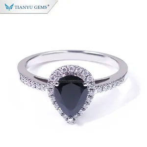 Tianyu สีดำที่กำหนดเอง Moissanite Diamond รูปลูกแพร์ Deluxe Pave 14 K 18 k white gold Ring