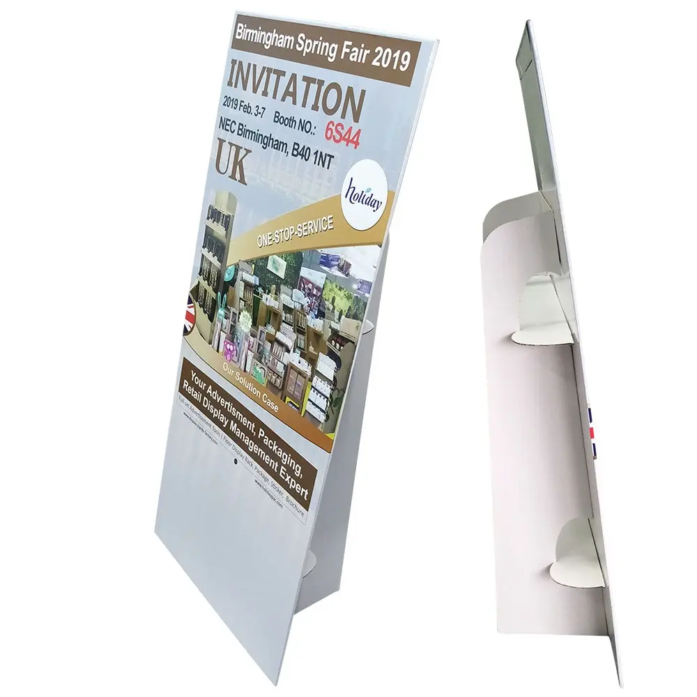 Pos Grootte en Logo Custom Karton Uitsparing Promotionele Reclame Gegolfd Poster Papier Display Standee Voor Tentoonstelling