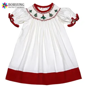 Trẻ Em Mới Nhất Ăn Mặc Designs Trắng Cotton Nhung Kẻ Cô Gái Giáng Sinh Smocked Giám Mục Dresses