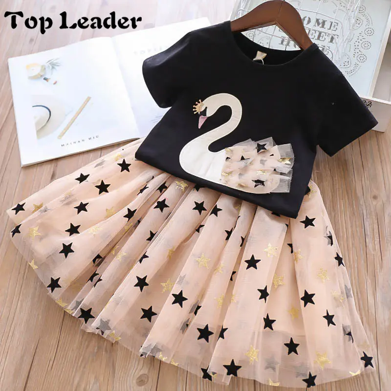 Top Leader 2019 Sommer New Baby Mädchen Kleidung Sets Cartoon Flamingo T-Shirt Bling Star Kleid 2Pcs Mädchen Kleidung Freizeit kleidung