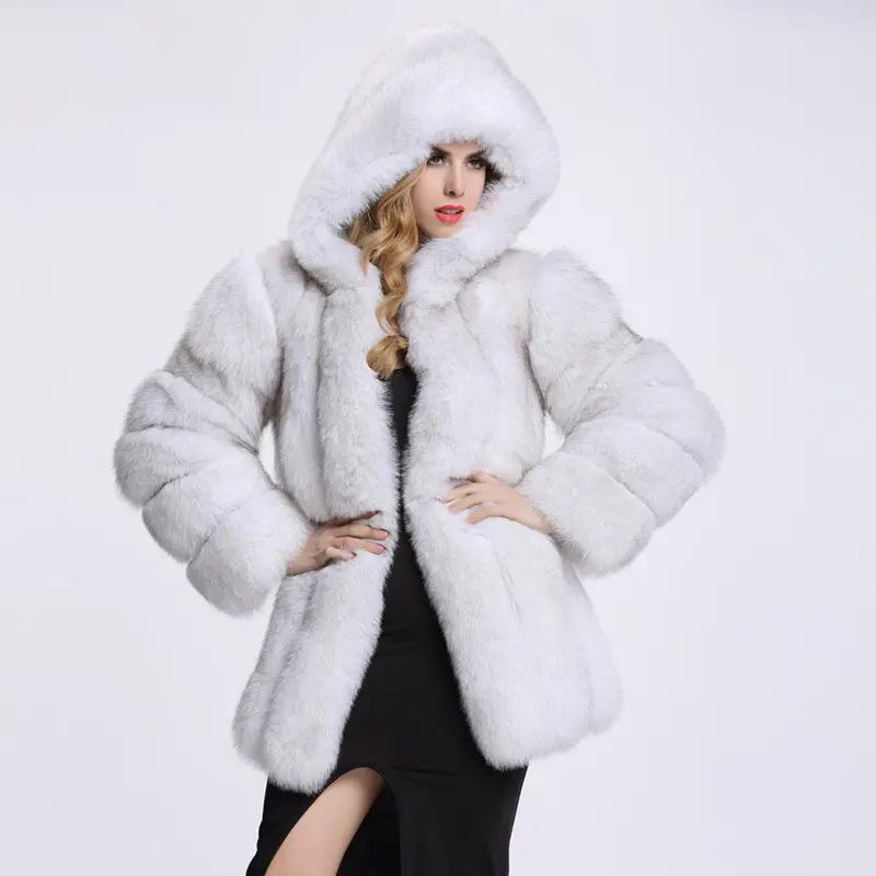 겨울 여성 여우 모피 코트 따뜻한 후드 파카 숙녀 긴 후드 자켓 아웃웨어 패션 겨울 코트
