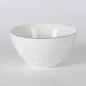 Hotel embossed dinnerware 7 inch cheap white porcelain salad bowl with gold rim